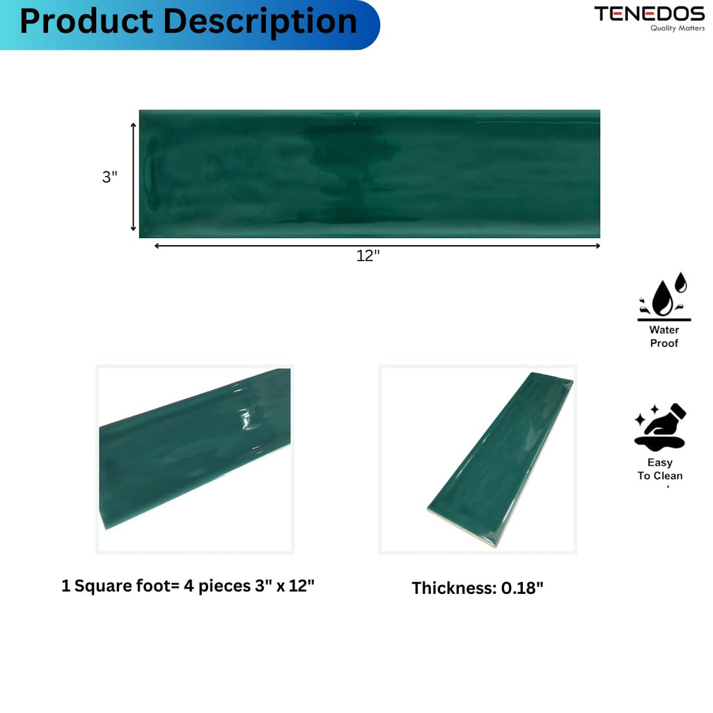 Montevista Dark Green Forest 3x12 Ceramic Handmade Wall Tile Glossy Backsplash, Bathroom Shower, Accent Decor