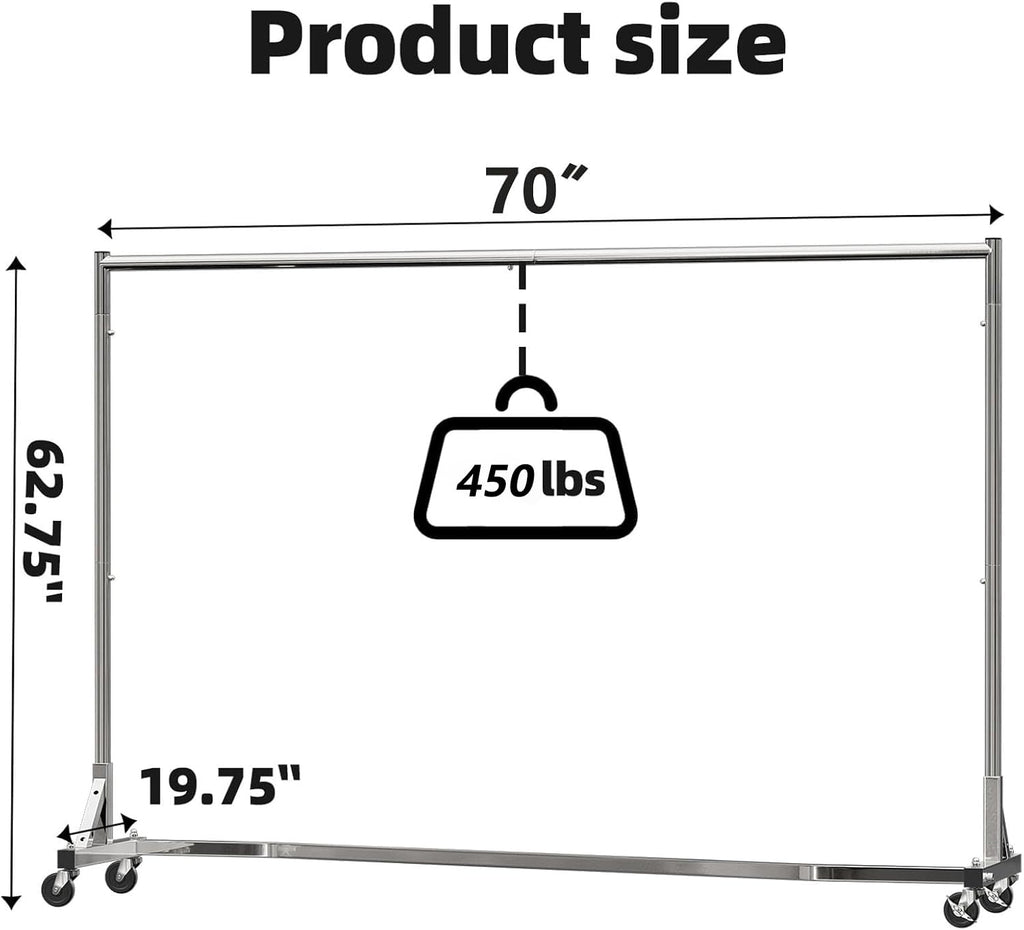 Industrial Grade Z Base 70inches Extra Long Clothes Garment Rack, Commercial Grade Rolling Clothing Rack, Heavy Duty