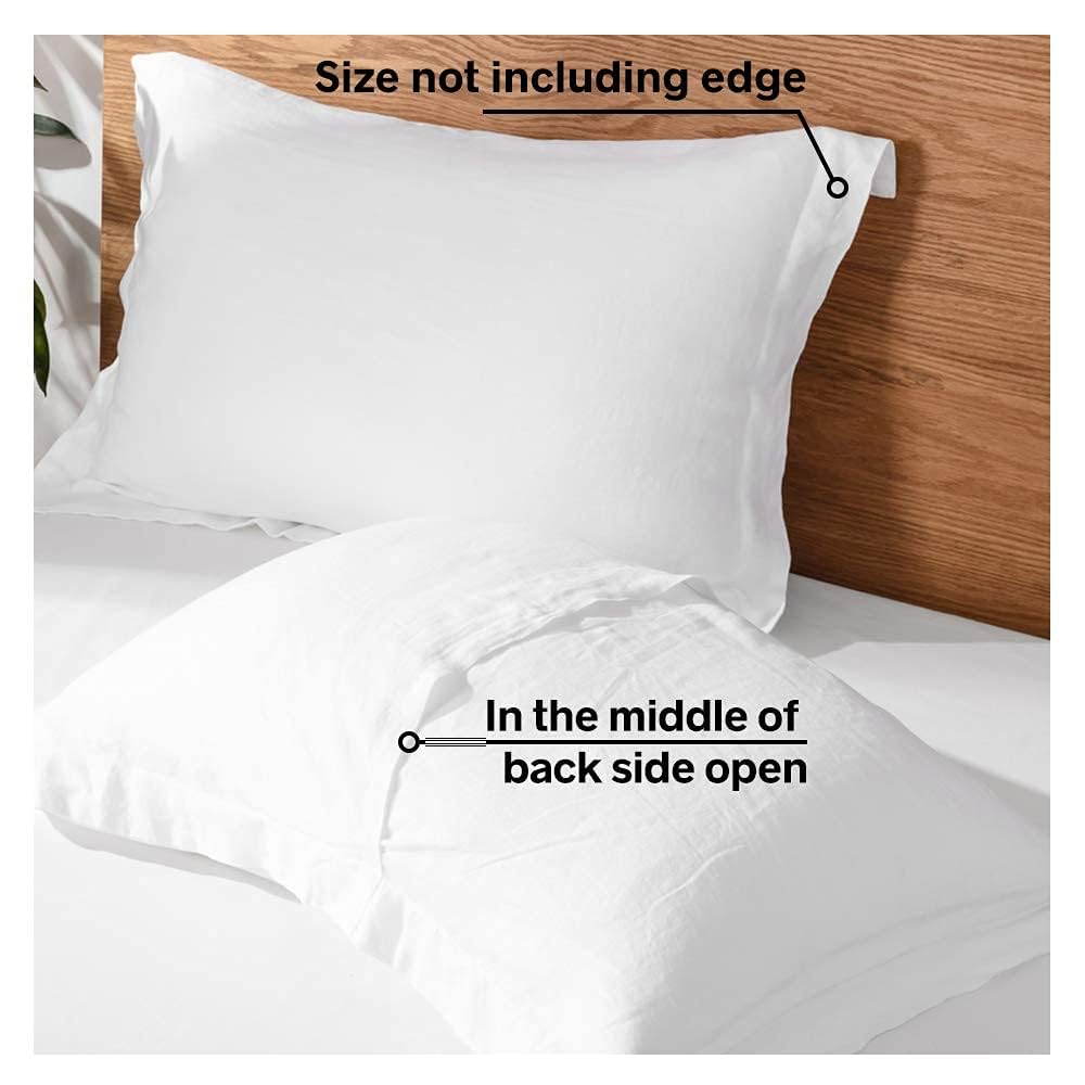 100% French Linen Pillow Shams Basic Style - Pack of 2 - Washed Solid Color Natural Flax Soft Breathable - White