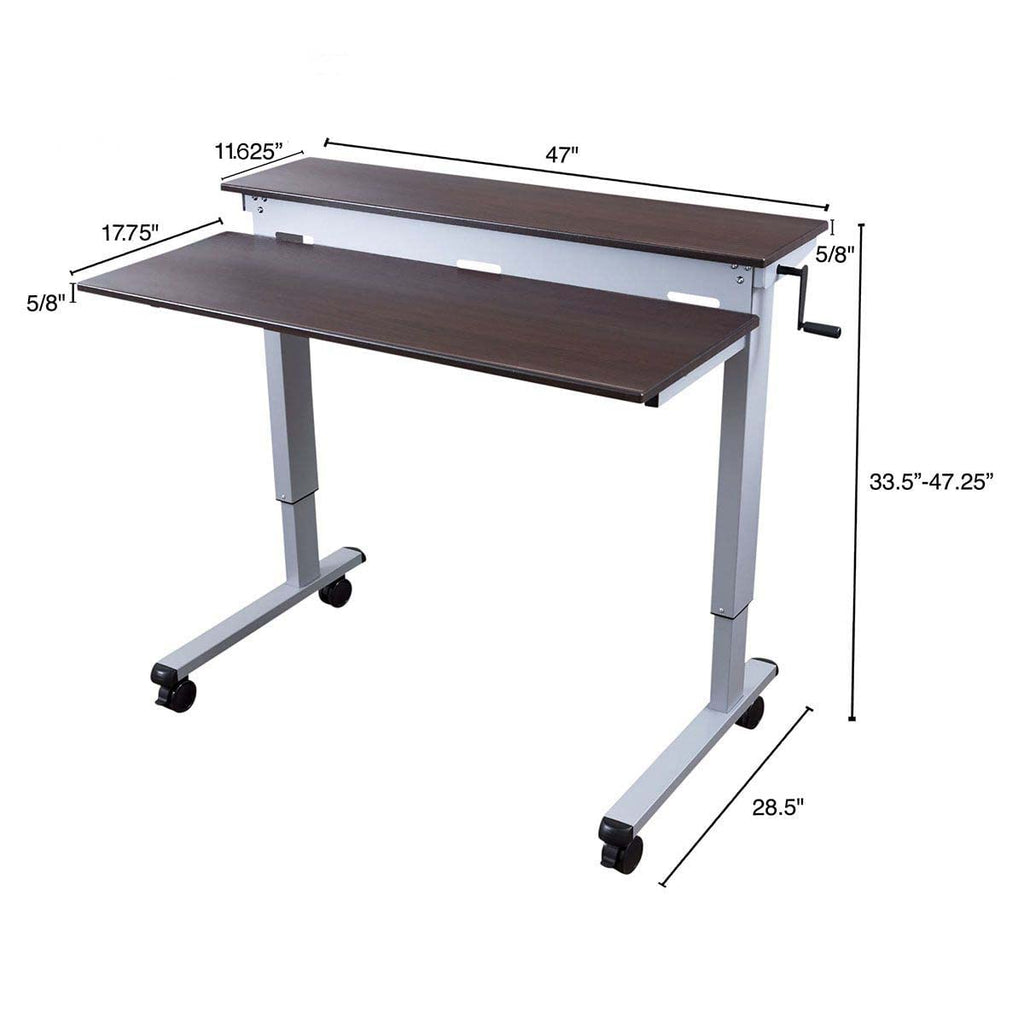 Crank Adjustable Tier Standing Desk with Heavy Duty Steel Frame (Silver Frame/Dark Walnut Top, 48in Wide)