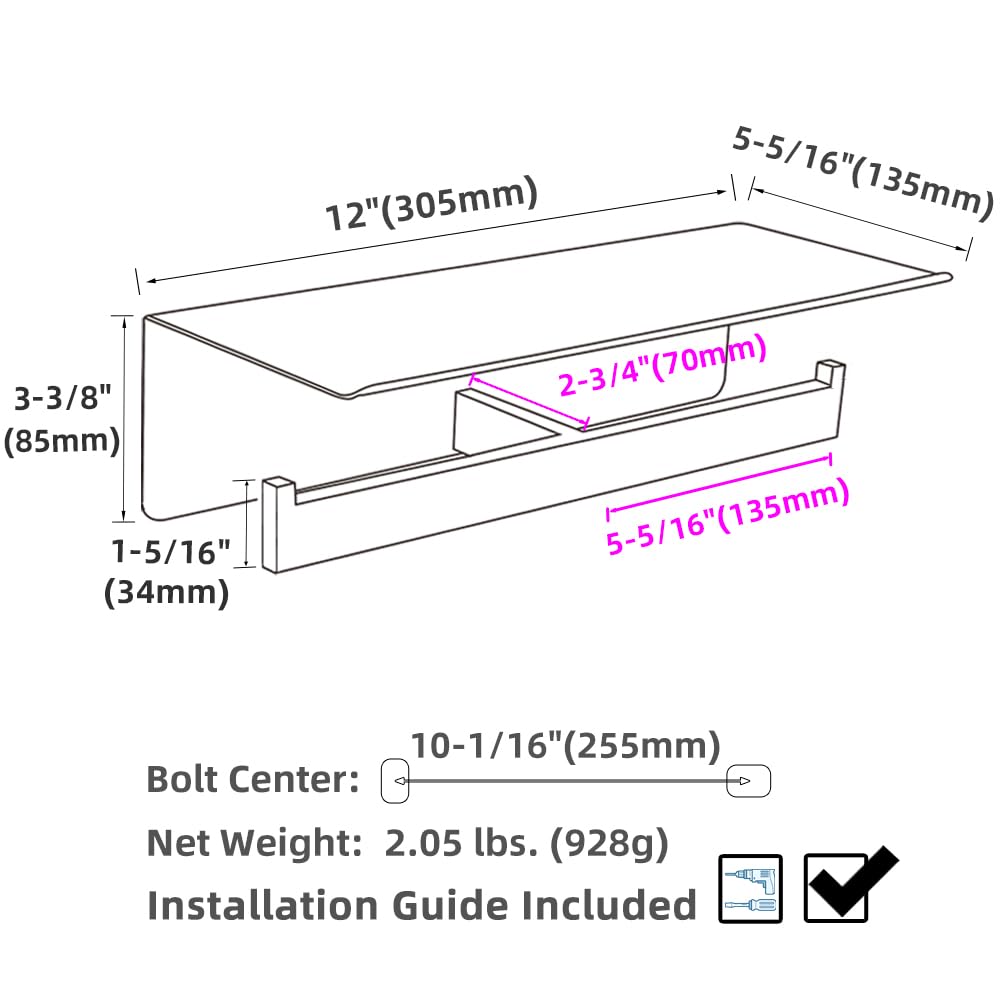 Matte Black Double Toilet Paper Holder with Shelf, Wall Mounted
