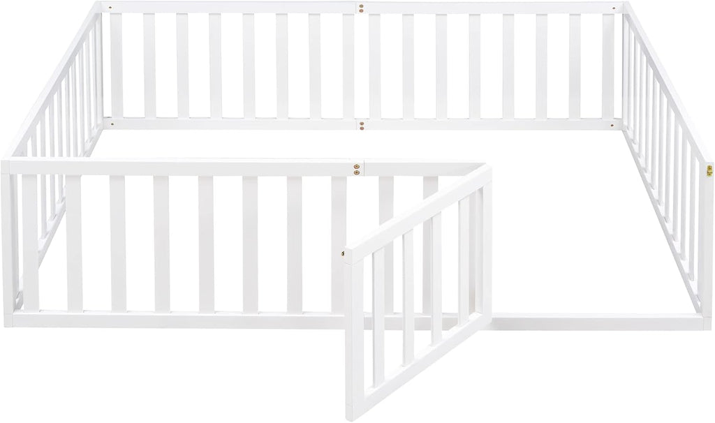 Montessori Floor Bed Frame with High Fence and Door, Full Floor Bed for Kids, Girls & Boys, Easy Assemble Montessori