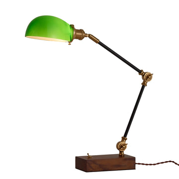 Vintage Green Glass Solid Wood BLack Gold Adjustable Swing Arm Desk Lamp