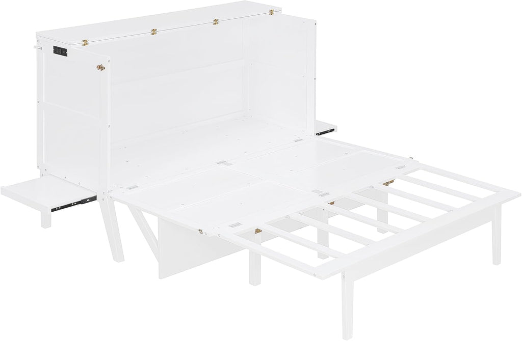Foldable Murphy Cabinet Bed with Removable Shelves on Each Side and Desk, Queen Wood Murphy Bed with USB Port for