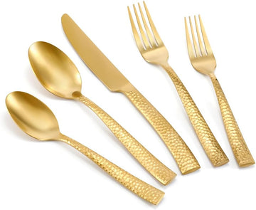 Gold Silverware Set Flatware Set Matte Finished Stainless Steel Hammered Heavy Cutlery Set 20 Pieces Service for 4