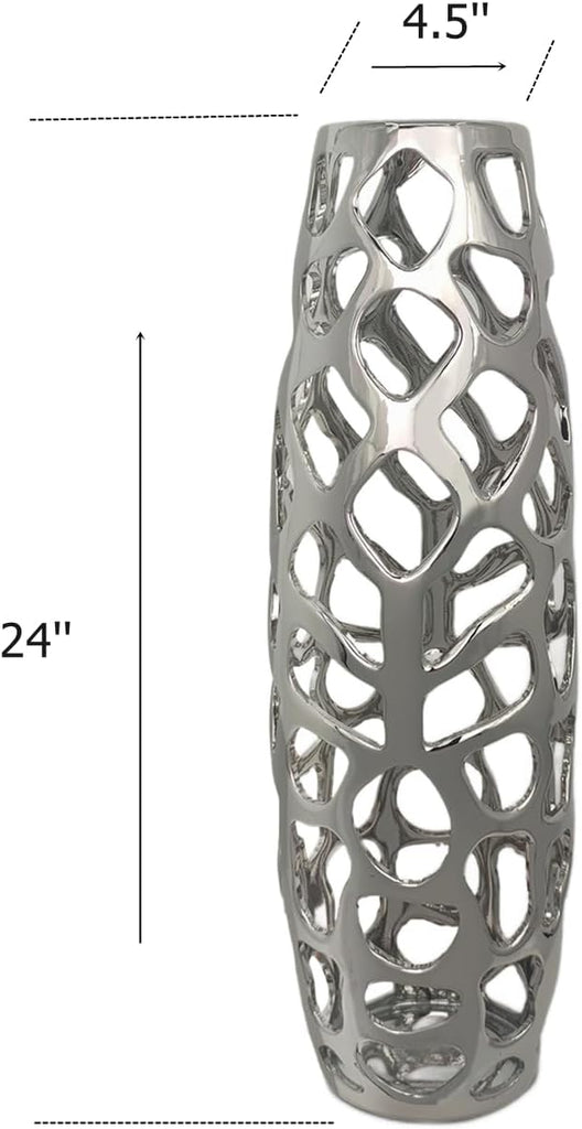 24'' High Ceramic Floor Vase Silver | Handmade Vase with Hand Carved Hollow Pattern for Decorative Branches and Dried