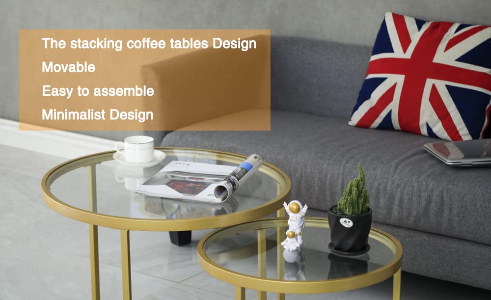 Round Nesting Coffee Gold Set of 2, Modern Side Tables with Sturdy Metal Frame and Tempered Glass.Minimalist End