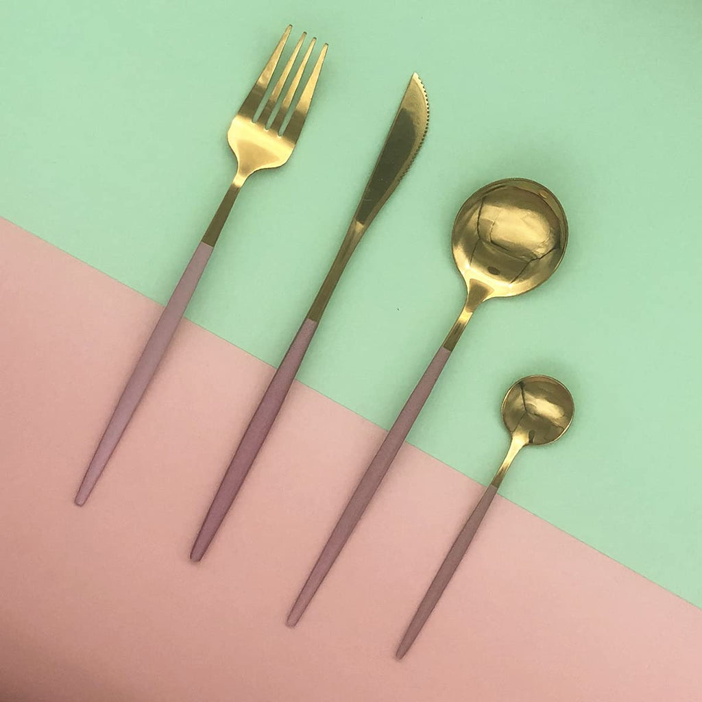 Gold Silverware Set, 24-Piece Stainless Steel Flatware Set Service For 6, Mirror Polished Pink Handle Tableware
