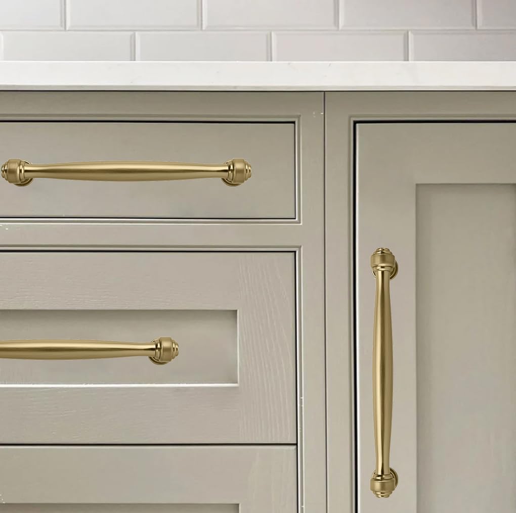 2 Pack 6-1/4 Inch(160mm) Brushed Brass Cabinet Pulls Satin Brass Kitchen Cabinet Handles Kitchen Cabinet Hardware for