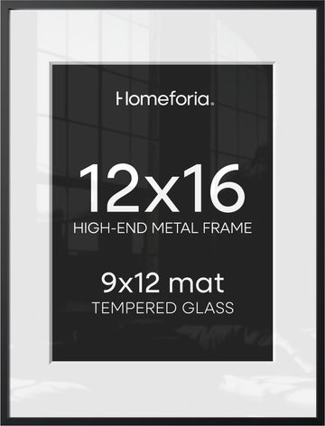 12x16 Black Picture Frame, High-End Metal, 9x12 Mat, Glass
