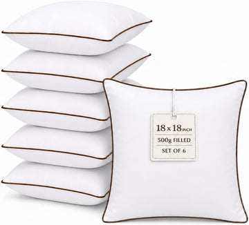 18 x 18 Inch Throw Pillow Inserts - Square White Cushion Forms with Brown Piping, 500g Filled for Decorative - Set of 6