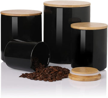Kitchen Canisters Ceramic Food Storage Jar Set, Stackable Containers with Airtight Seal Wooden Lid for Serving Ground - Set of 4