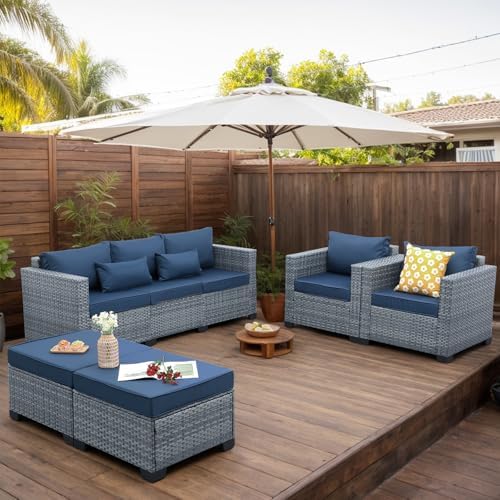 5-Piece Wicker Outdoor Patio Furniture Set - Conversation | Navy Blue All-Weather Resistant for Patio, Garden & Porch