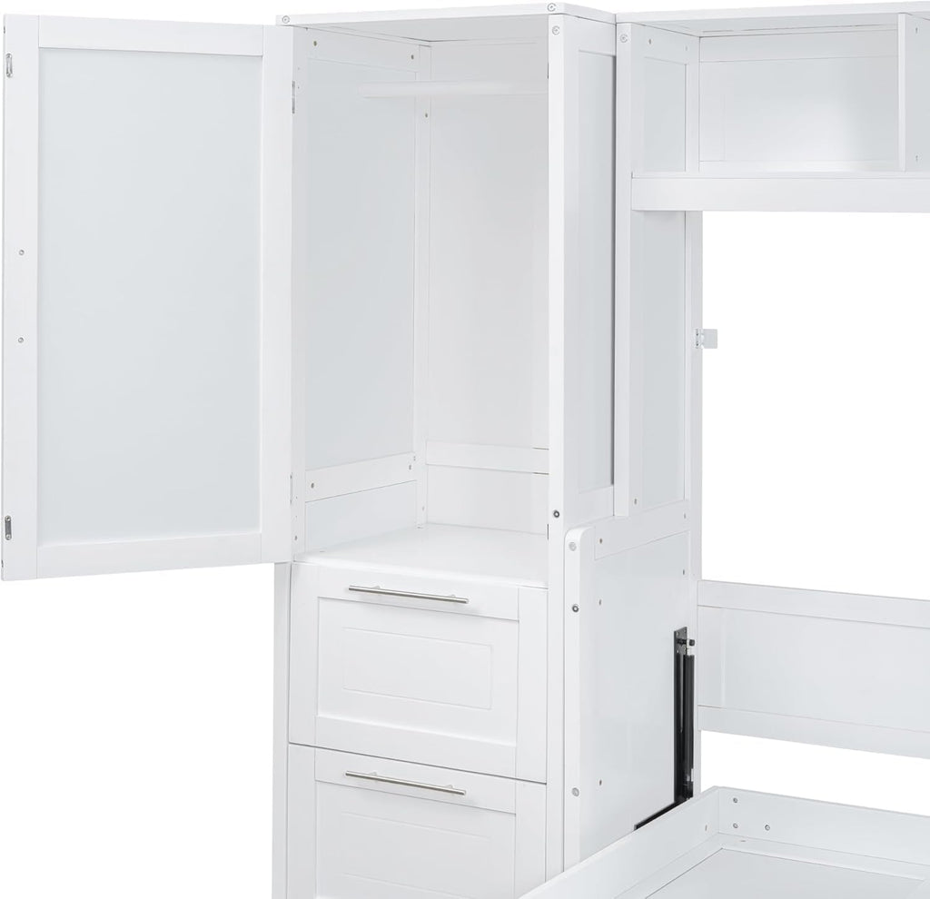 Full Horizontal Murphy Bed with Wardrobe Closet,2 Drawer,4 Storage Open Shelves,Wood Folding Murphy Wall Bed Cabinet
