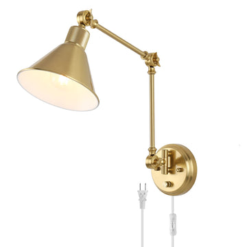 Wall Sconce Plug in, Brushed Brass Dimmable Wall Sconce Swing Arm Wall Lights Plug in Wall Mounted Light with 6FT