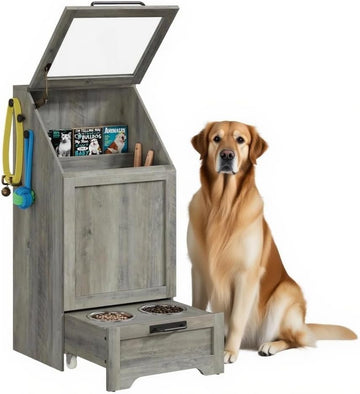Dog Feeding Station, with Pet Feeding Station, Flip Top Dog Food Storage Cabinet, 2 Elevated Bowls, Includes 3 Hooks