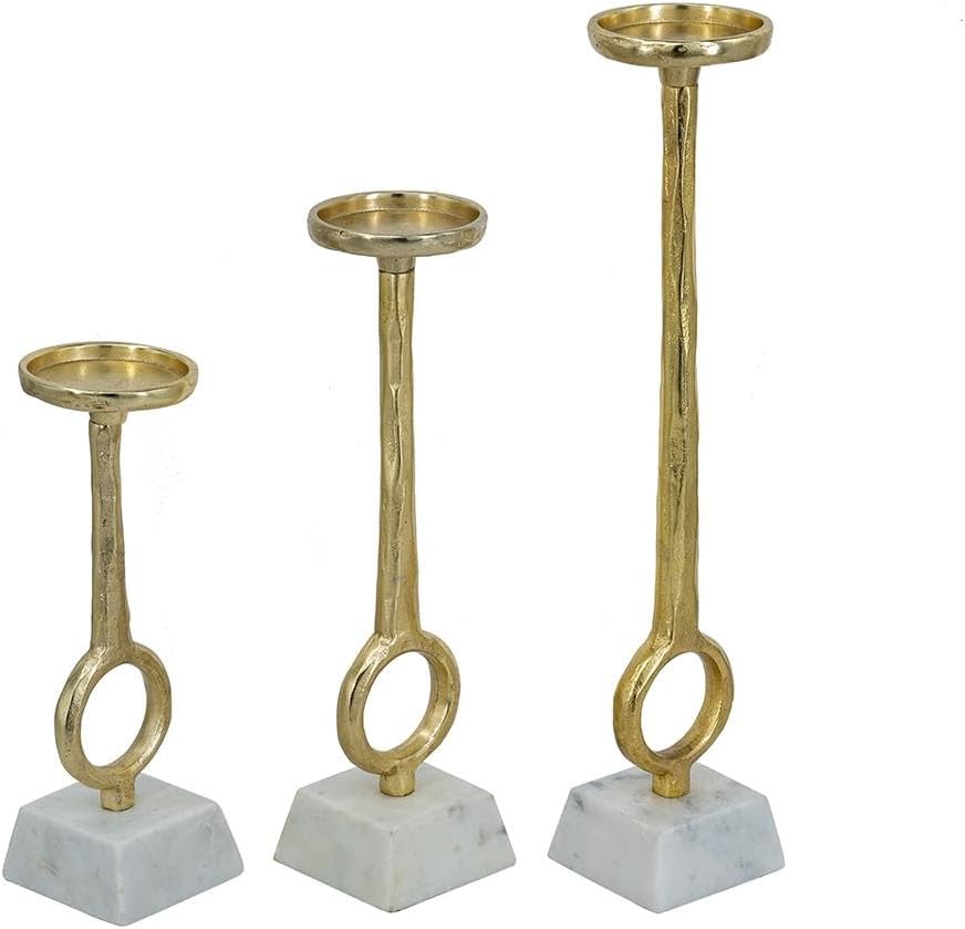 Golden Ring Aluminum and Marble Pillar Candle Holder Set of 3 - Elegant Metallic Decor for Stylish Homes - L:D3.5x17