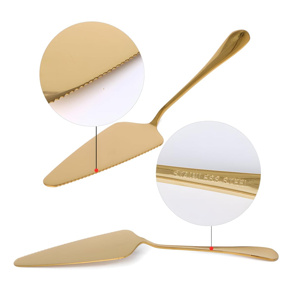 Gold Cake Servers, 9" Stainless Steel Pie Spatula with Serrated Edge, Dishwasher Safe Pizza Utensils