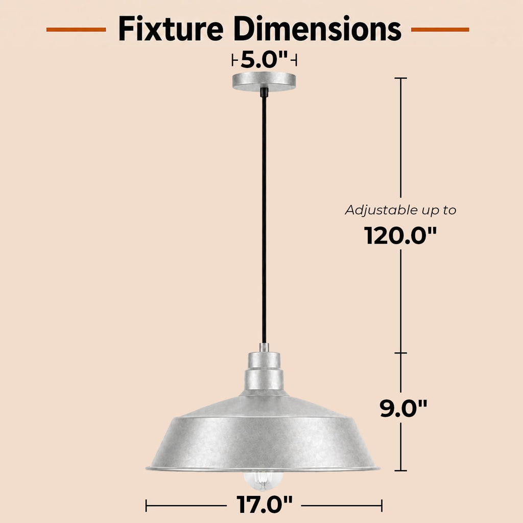 17-Inch Industrial Galvanized Pendant Barn Light Fixture, 120V Hardwire