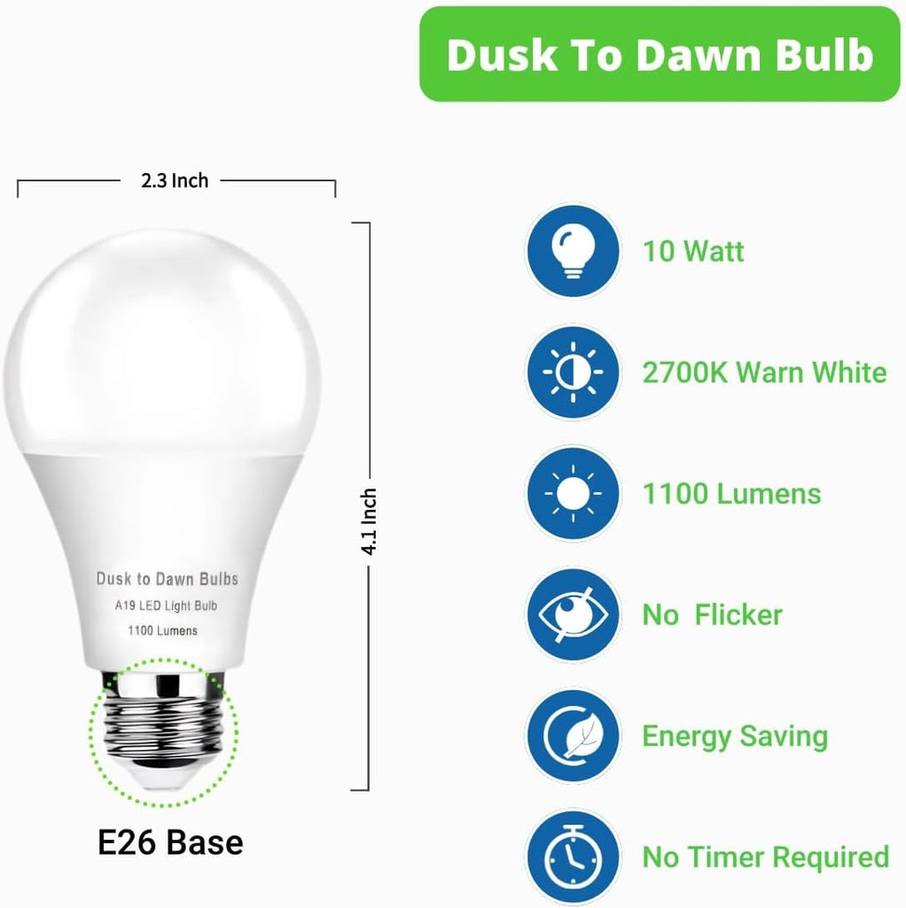 4 -Pack Dusk to Dawn Light Bulbs Outdoor,10W 2700K Warm White