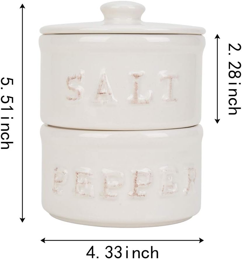 Vintage Ceramic Salt and Pepper Shaker Set Condiments Cellar Stacking Bowls With Lid - Set of 2