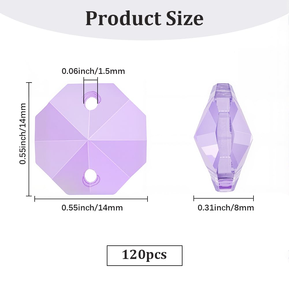 1 Box 120Pcs Glass Octagon Beads 2 Hole Crystal Prism Beads Purple 14mm Chandelier Replacement Connector Suncatcher