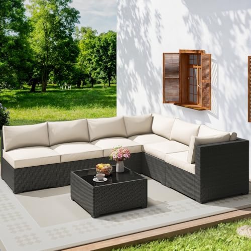 7-Piece Rattan Outdoor Patio Furniture Set - Conversation | Beige with Thick Cushions for Patio, Garden & Porch