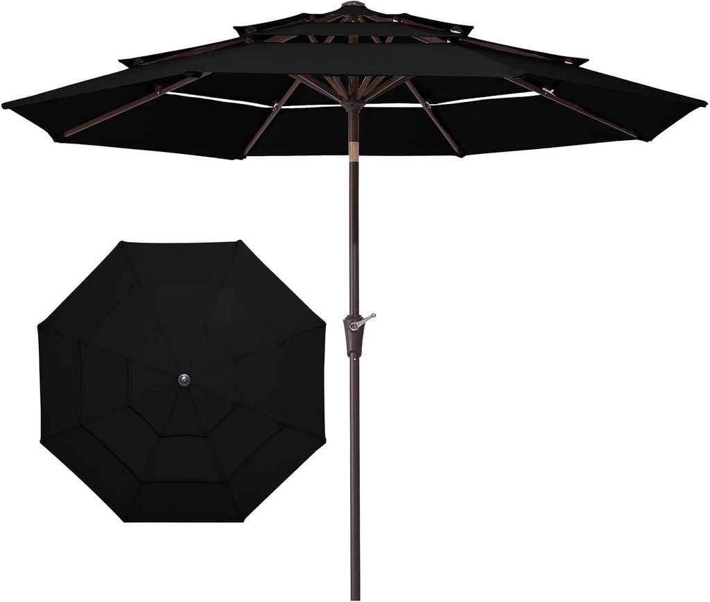 9FT 3 Tier Patio Umbrella Outdoor Market Umbrella Table Umbrellas with 8 Ribs 1.5 Pole Push Button Tilt and Crank UV - B