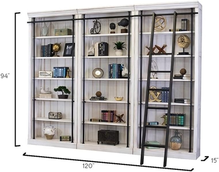 120" 3-Section Bookcase Wall, Solid Wood, Aged White Finish, Rolling Ladder, 5 Adjustable Shelves Per Section, French