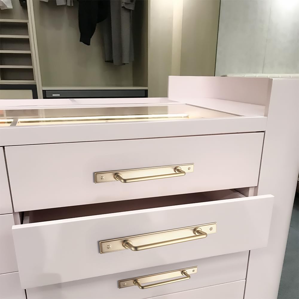 2 Pack 5'' Center to Center Champagne Bronze Cabinet Bar Pulls with Demi-Plaquette Backplate Modern Drawer Handles