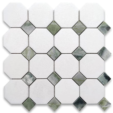 Thassos White Marble 3 inch Octagon Mosaic Tile w/Sagano Green Dots Honed Kitchen Bath Wall Floor Backsplash Shower
