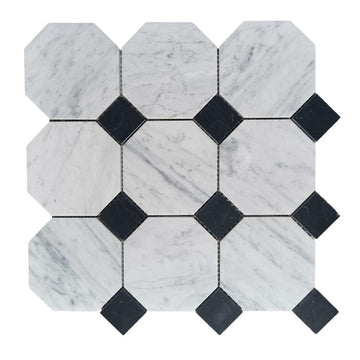 Carrara White Marble 4 inch Octagon Mosaic Tile w/Nero Marquina Black Dots Honed Kitchen Bath Wall Floor Backsplash