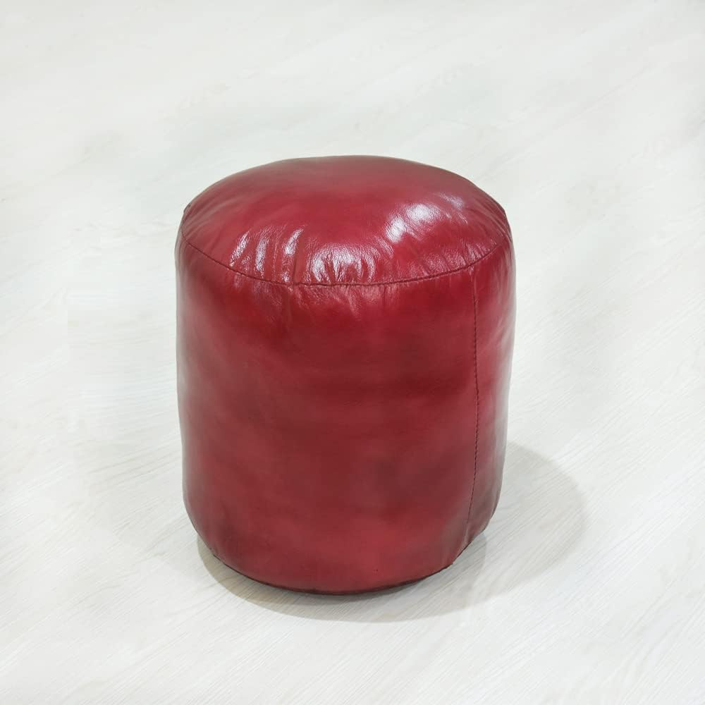 Round Shaped Goat Leather Eco-Friendly Dark Pink Pouf - Round Pouf, 14" x 14"x 14", Plain Solid Pouf, Goat Leather