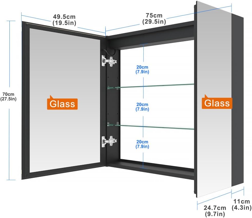 30x28 Inch Aluminum LED Bathroom Mirror Cabinet with Backlit Panel | Light Adjustment, Anti-Fog, Sockets&USBs, High