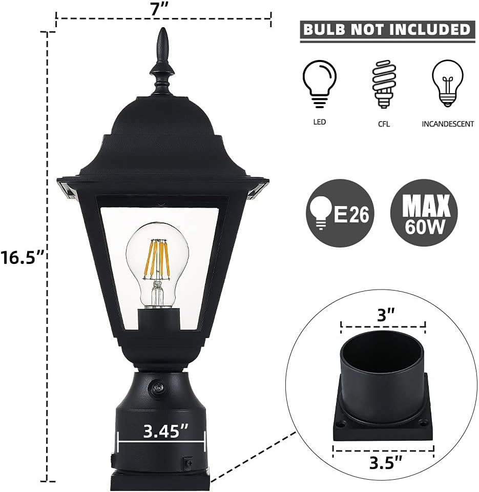 Dusk to Dawn Outdoor Post Light,Waterproof Cast Aluminium Lamp Post Light Fixture,Post Lantern with Pier Mount Base