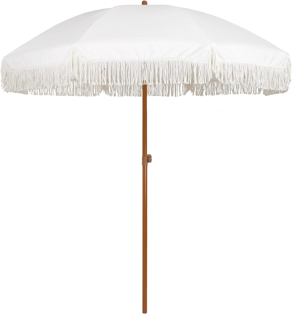 7ft Patio Umbrella with Fringe Outdoor Tassel Umbrella UPF50+ Premium Steel Pole and Ribs Push Button Tilt, Cream White