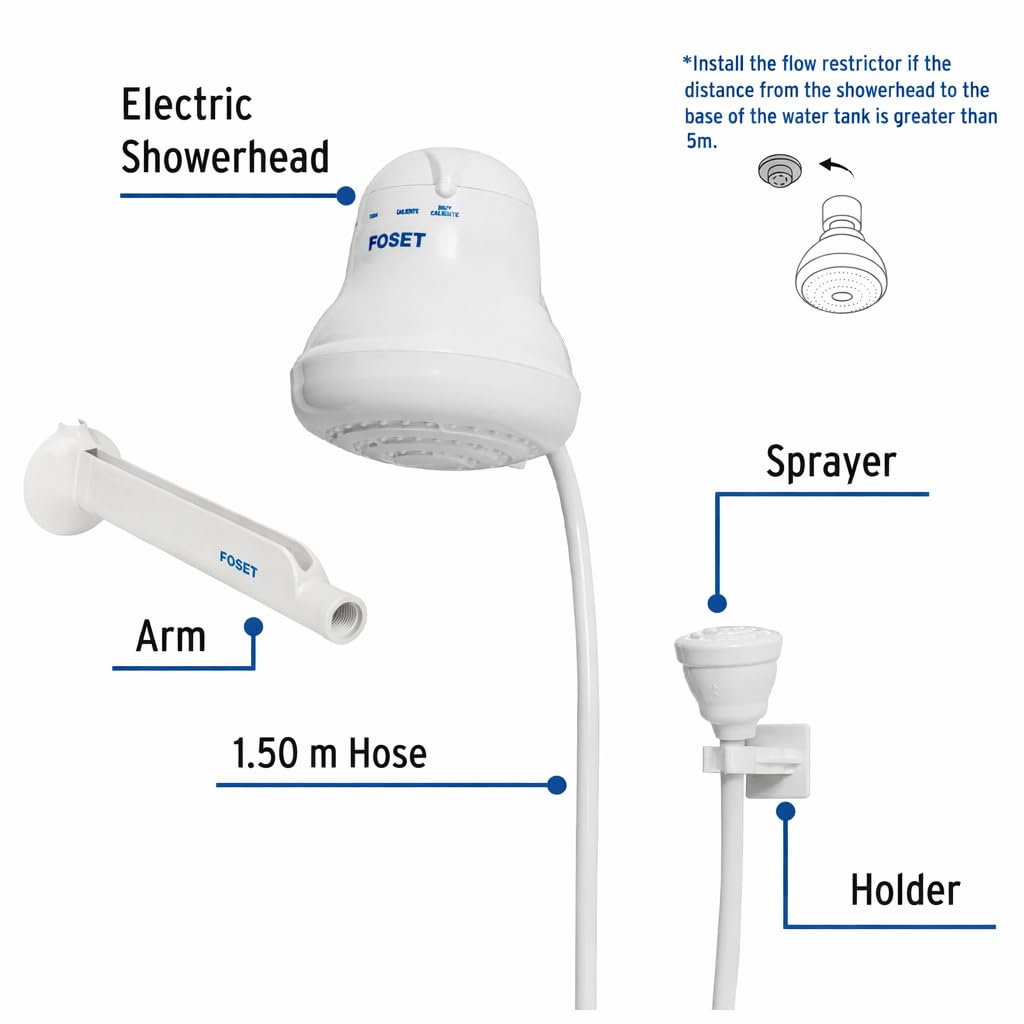 Electric Shower Head - Instant Hot Water, 4 Temperature Settings, Hand Shower Head with 5 ft Hose Included (Model