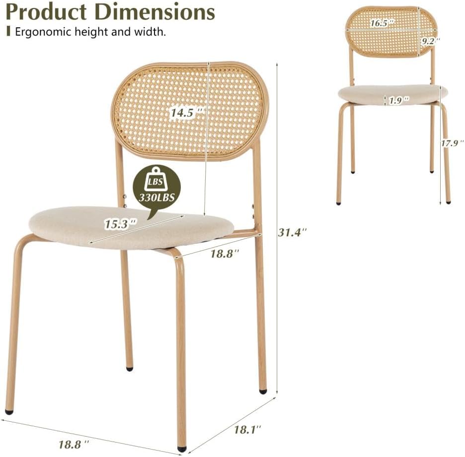 Boho Dining Chairs Set of 4 with Rattan Back, Upholstered Cane Seats, Metal Legs - Perfect for Dinner, Living Room