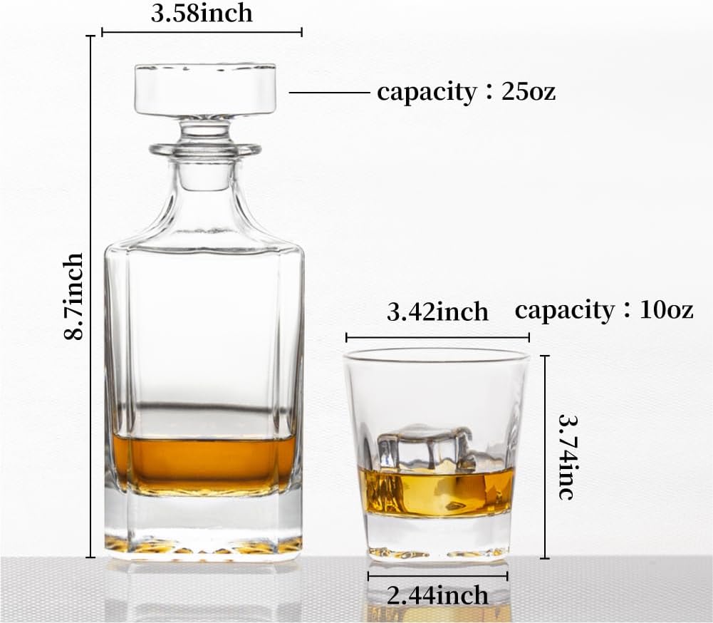 Square 25Oz Whiskey Liquor Decanter Set With 2 Glasses in Box - Set of 3