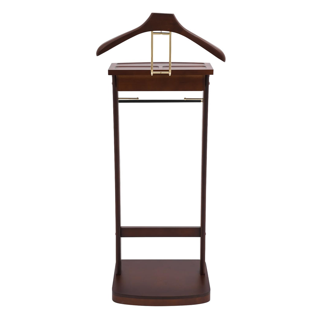 Freestanding Wood Mens Valet Stand with Drawer, Clothes Butler with Base, Suit Hanger Rack Living Room Bedroom
