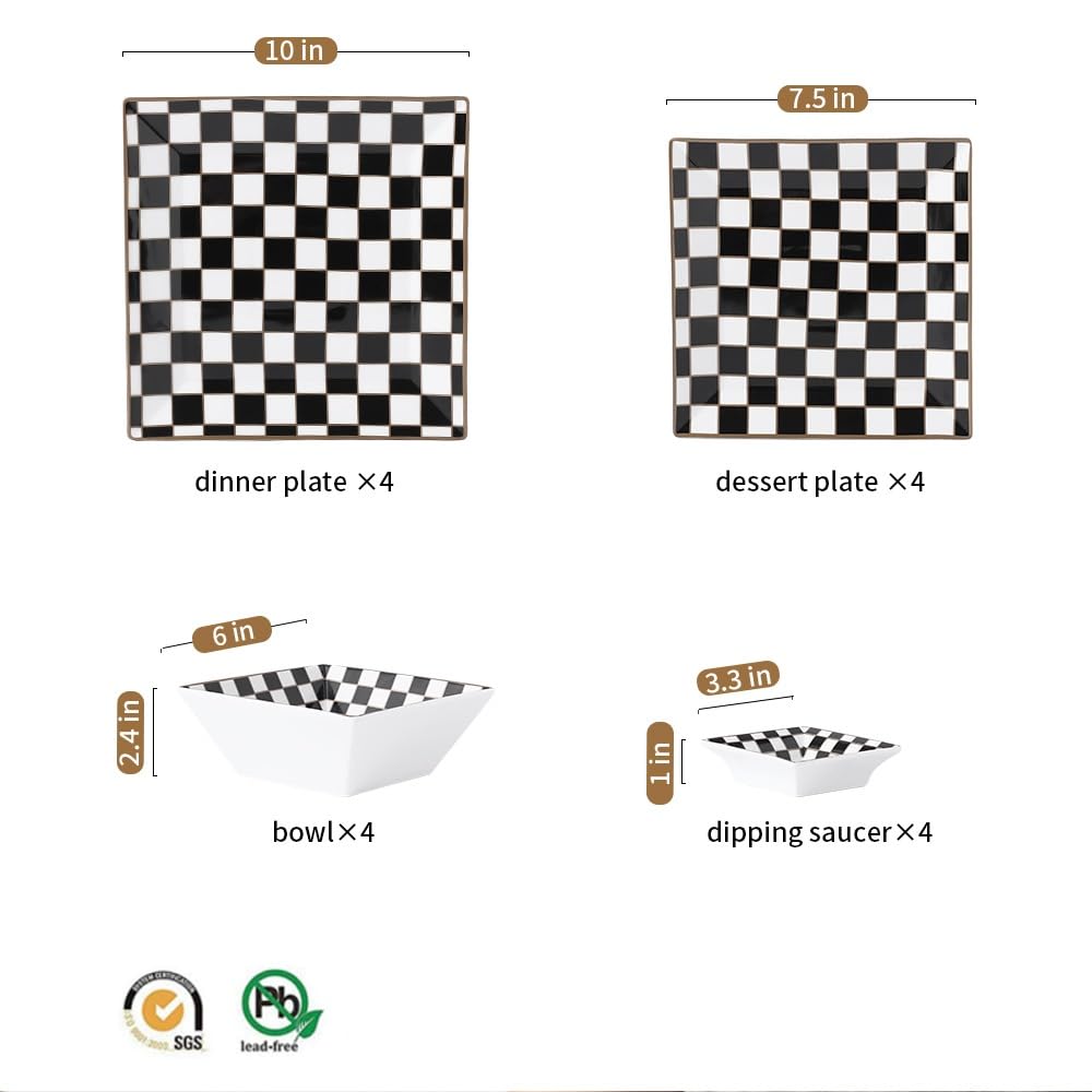 Checker Porcelain Square Dinnerware Set for 4, Dishes Set for 4 with 3.3-inch Dipping Saucers, Black and White Plates