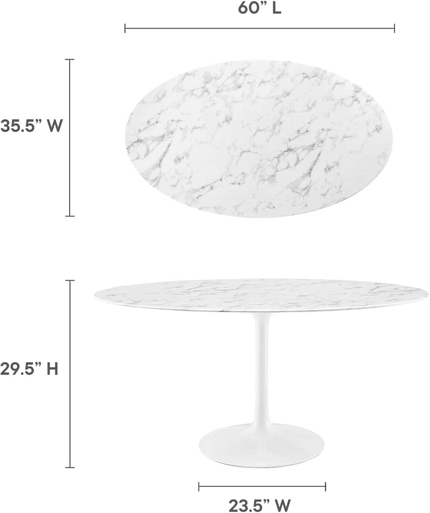 Lippa 60" Oval-Shaped Mid-Century Modern Dining Table with Artificial Marble Top and White Base