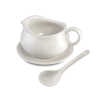24 Oz Gravy Boat | Ceramic White Gravy Dish Set | Includes Gravy Boat, Saucer and Spoon (White)