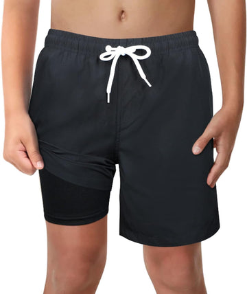 Boys Swim Trunks with Compression Liner Comfortable Anti-Chafe Swimming Shorts Stretchy UPF Quick Dry