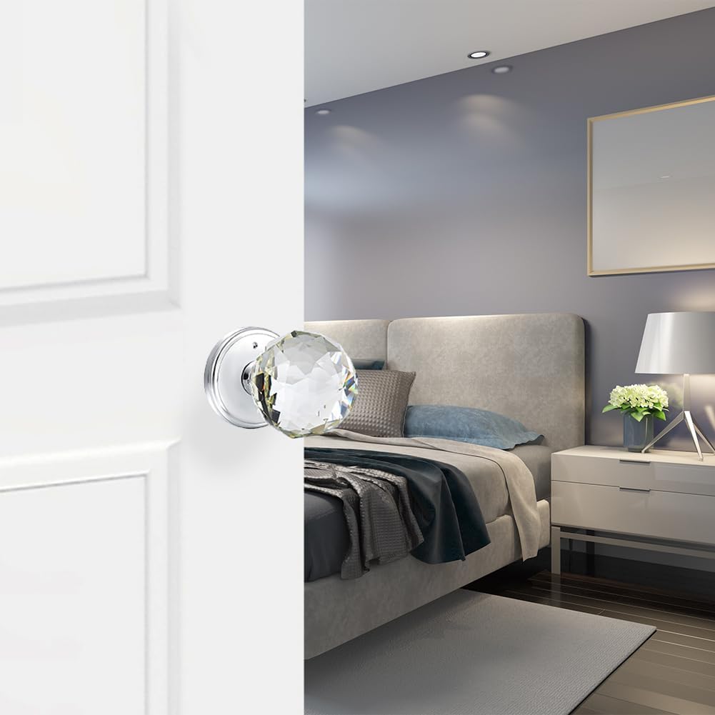Glass Door Knobs Interior with Lock, Polished Chrome Crystal Privacy Round Door Knobs Bathroom