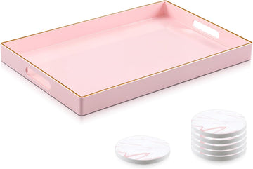 Pink Serving Tray and Coaster Set Contains 1 Pink Rectangular Tray with Handles-15.7 x 10.2 Inch, and 6 Marble Style - Set of 7