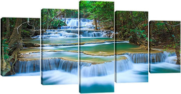 Peaceful Waterfall 5 Panels Large Canvas Paintings Wall Art Modern Gallery Wrapped Landscape Forest Giclee Canvas