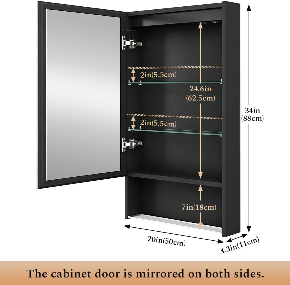 20"×34" Lighted Medicine Mirror Cabinet with Storage Adjustable Brightness 3 Color Temperature Lighting Anti-Fog