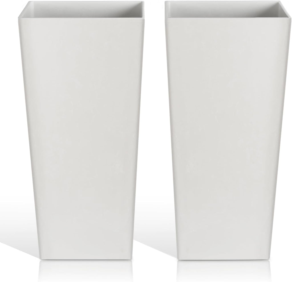 Tall Planters for Outdoor Plants, Large Resin Flower Pots for Garden, Front Porch, Patio, Indoor - Set of 2 (White
