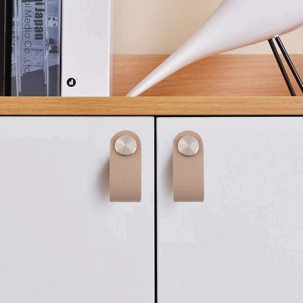 2Pcs Genuine Leather Dress Drawer Pull Loop Cupboard Handles Mordern Cabinet Knobs with Screws Kitchen Living Room